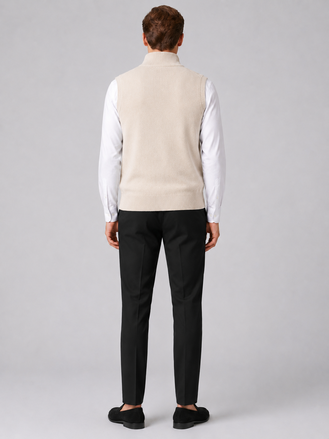 Men’s beige mock neck sweater vest comfortable sleeveless knit layer for office and casual outfits