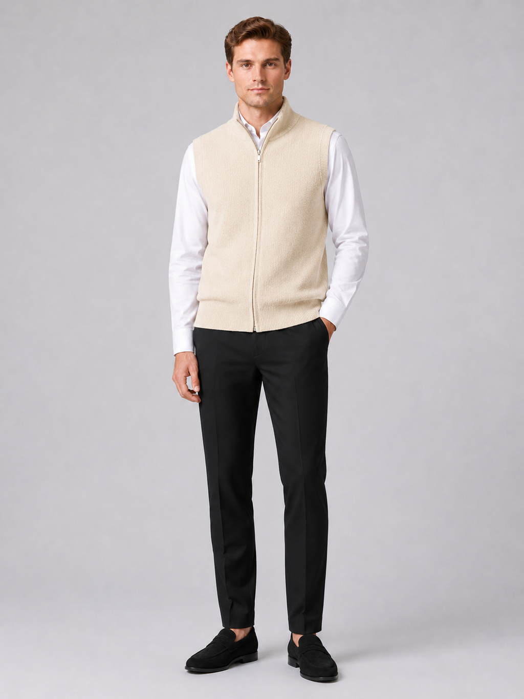 Beige full zip sweater vest for men warm knit layer for business casual and everyday wear