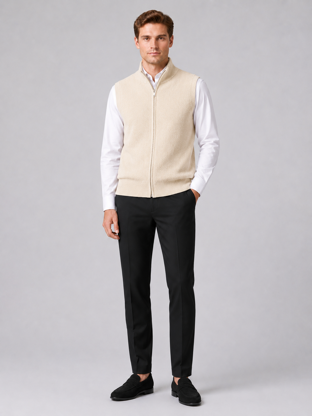 Beige full zip sweater vest for men warm knit layer for business casual and everyday wear