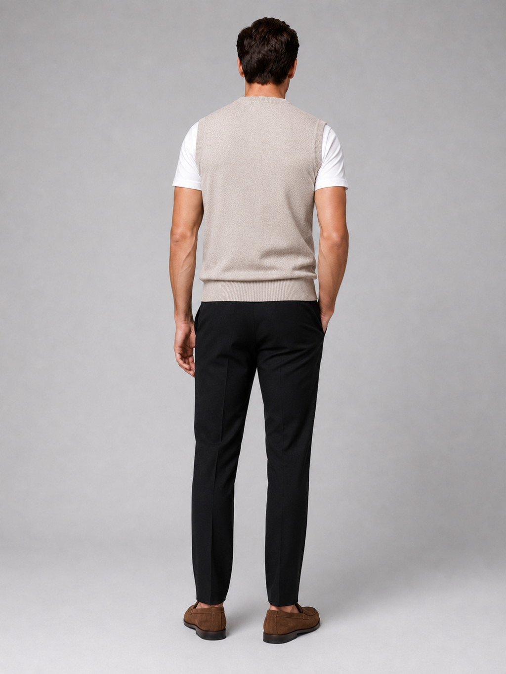 Men’s beige knit sweater vest comfortable fall winter layer for office and casual outfits