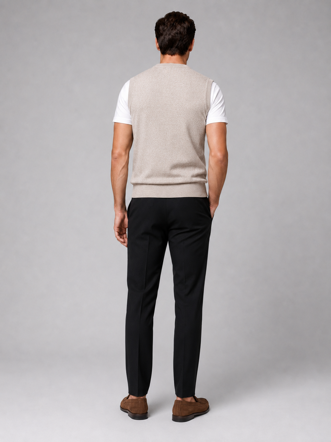 Men’s beige knit sweater vest comfortable fall winter layer for office and casual outfits