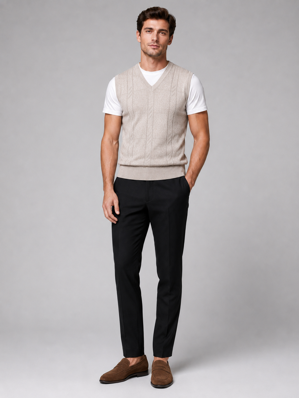 Beige sleeveless sweater vest for men warm knit layer for everyday wear