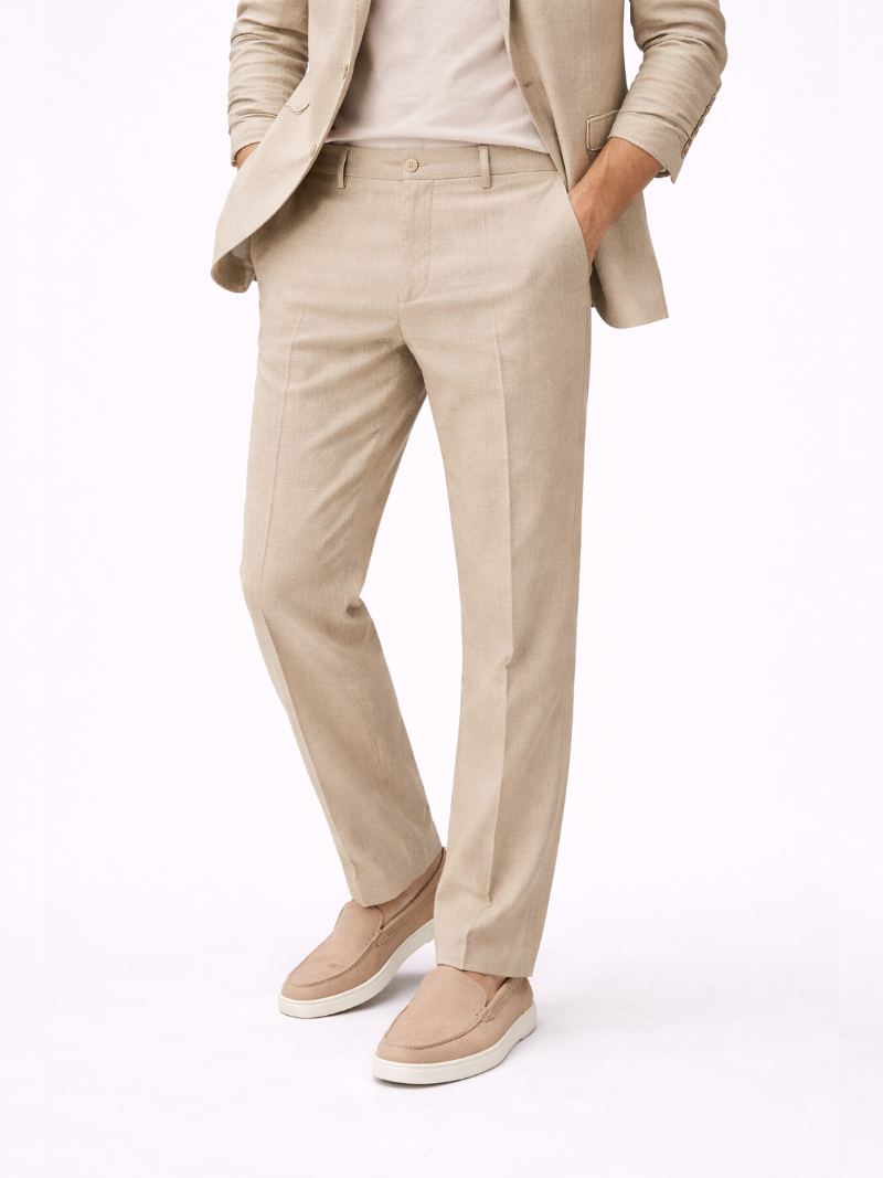 Men’s beige tailored linen trousers lightweight breathable summer pants for smart casual wear