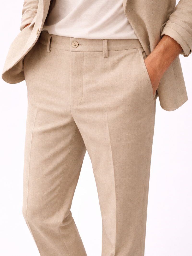 Men wearing beige tailored linen trousers breathable lightweight pants for summer and formal casual outfits