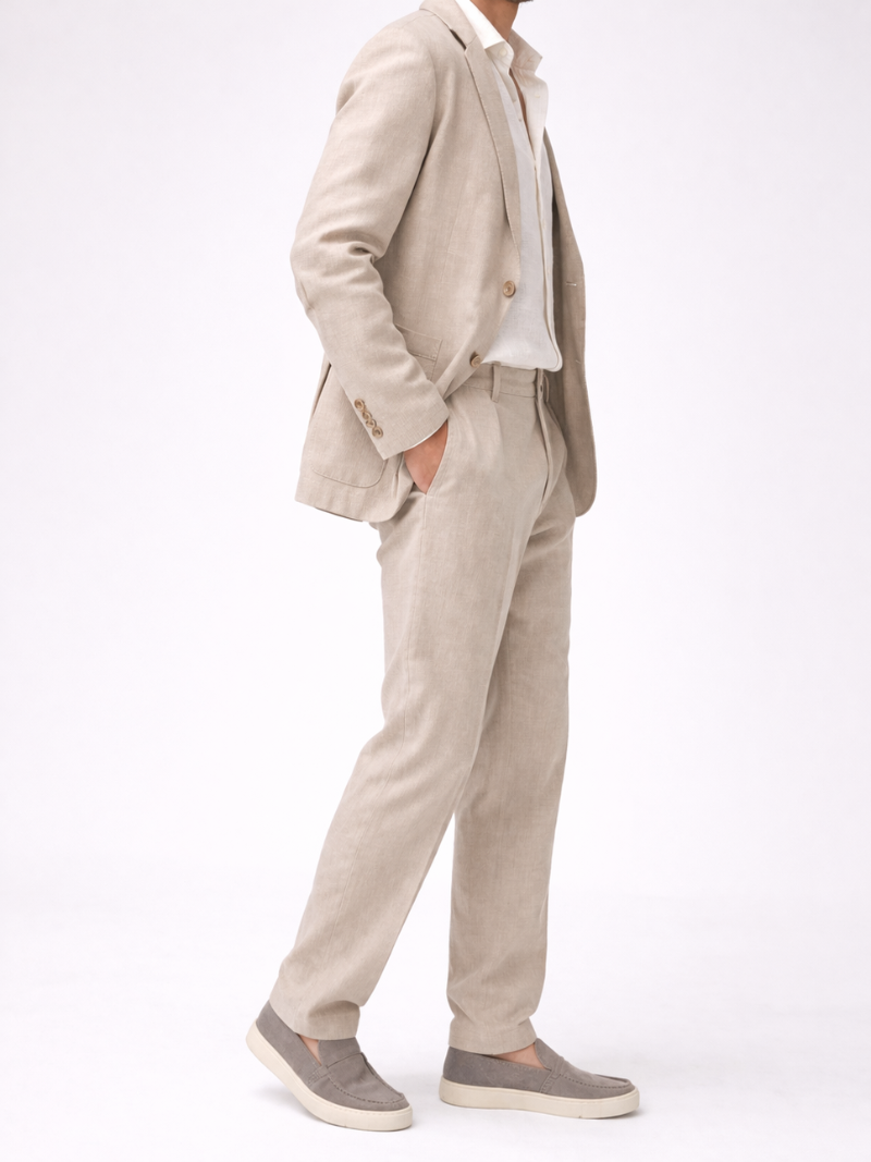 Beige tailored linen trousers for men soft breathable fabric smart casual summer pants with tailored fit
