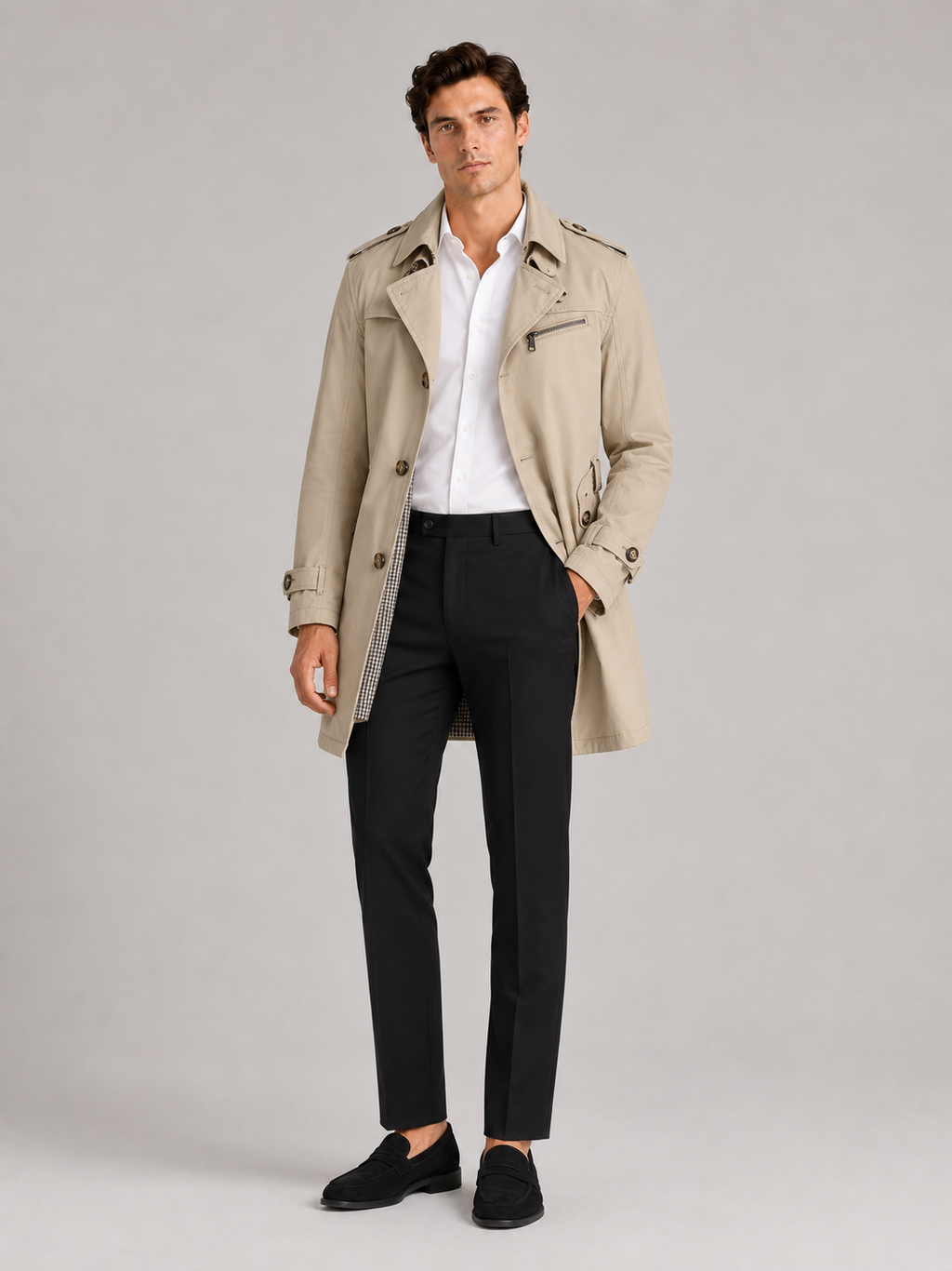 Beige cotton trench coat for men mid length jacket for office and travel wear