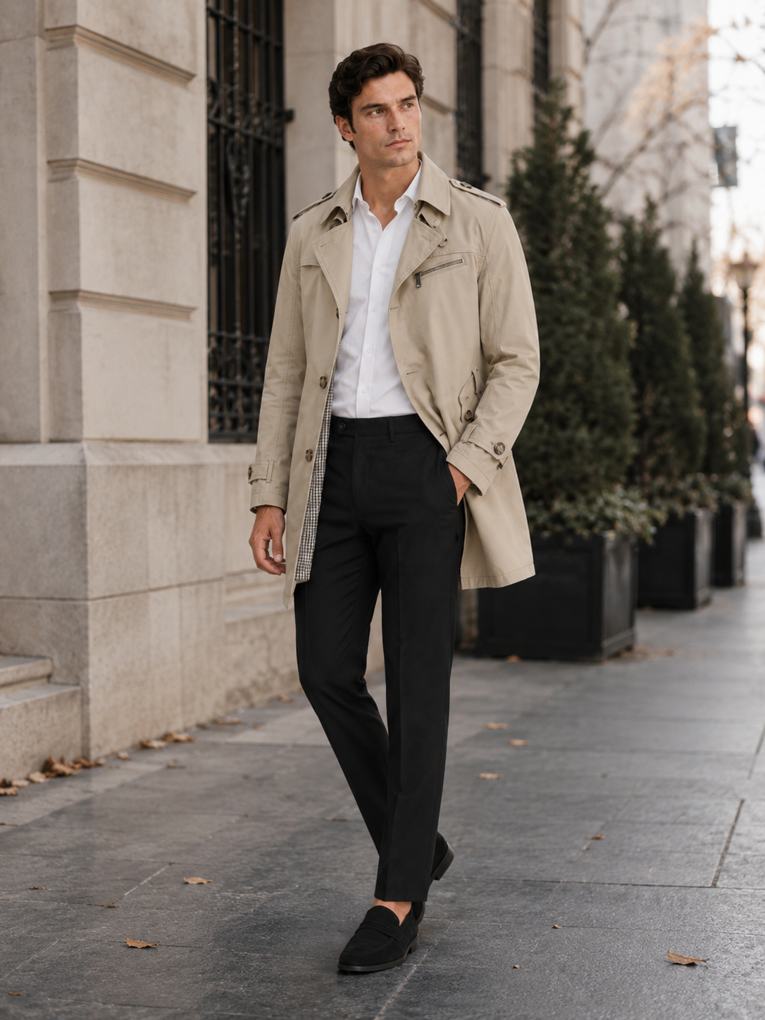 Man styling beige trench coat in a refined office travel and outdoor lifestyle outfit