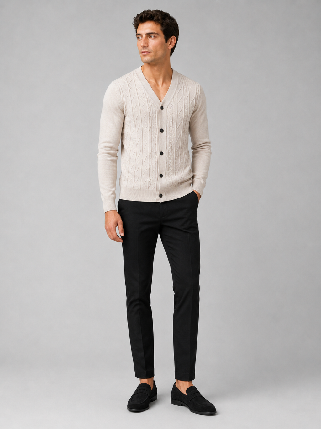 Beige v neck cardigan sweater for men slim fit layering piece for everyday wear