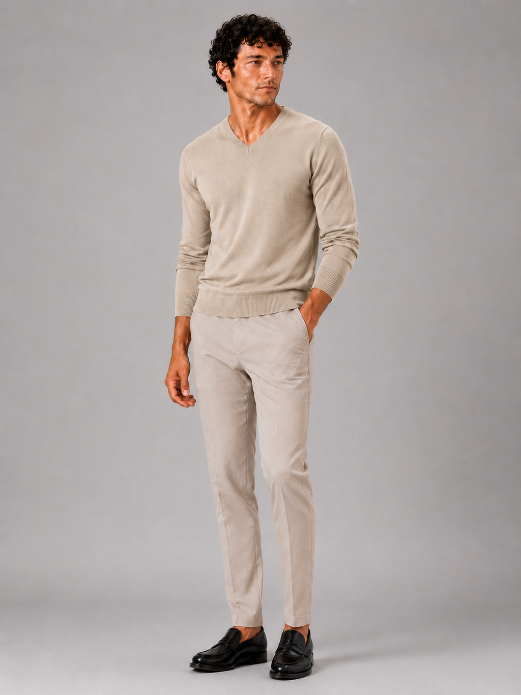 Beige v neck sweater for men slim fit long sleeve pullover for everyday fall wear