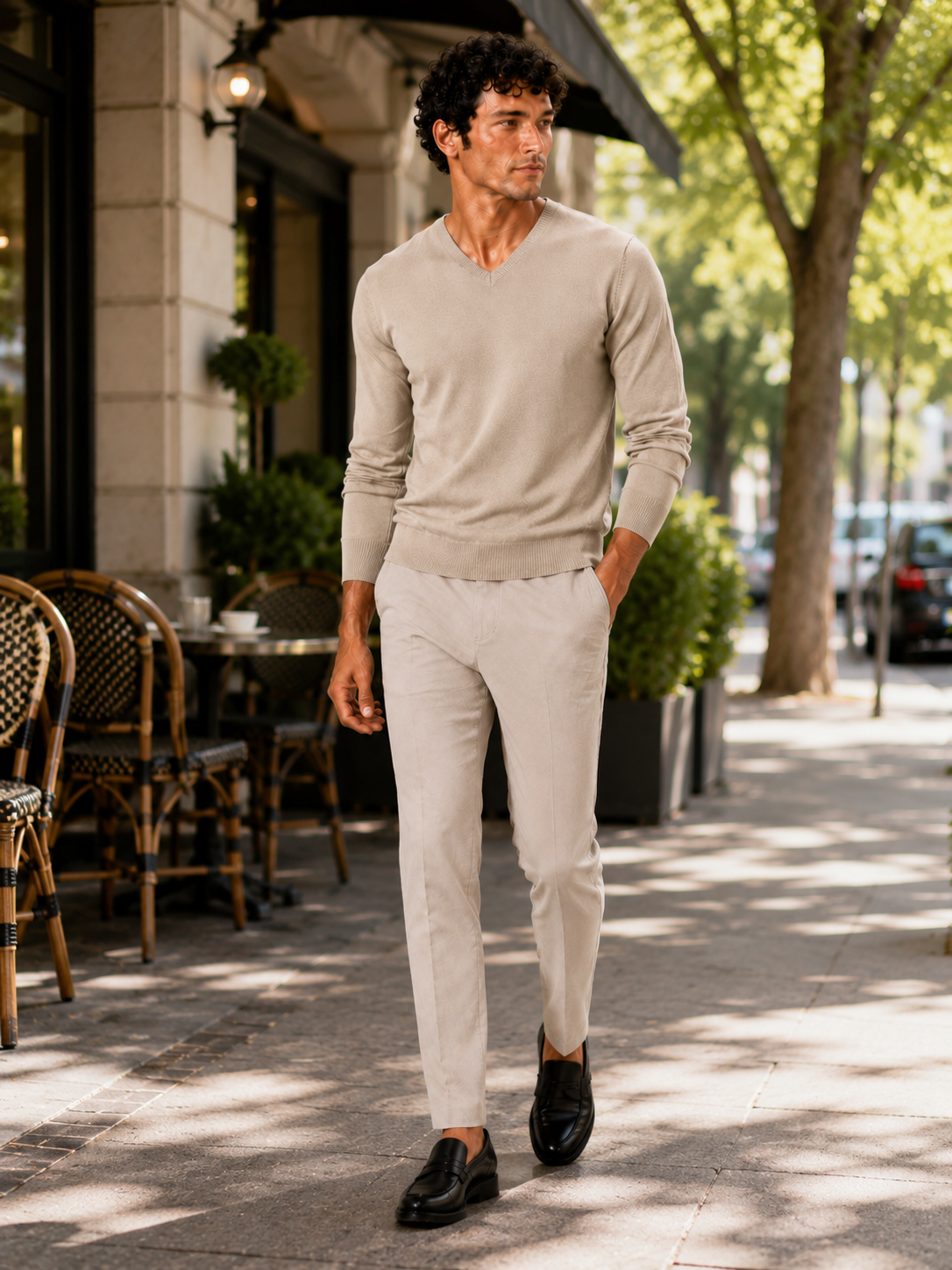 Man styling beige v neck knit sweater in a refined fall lifestyle outfit