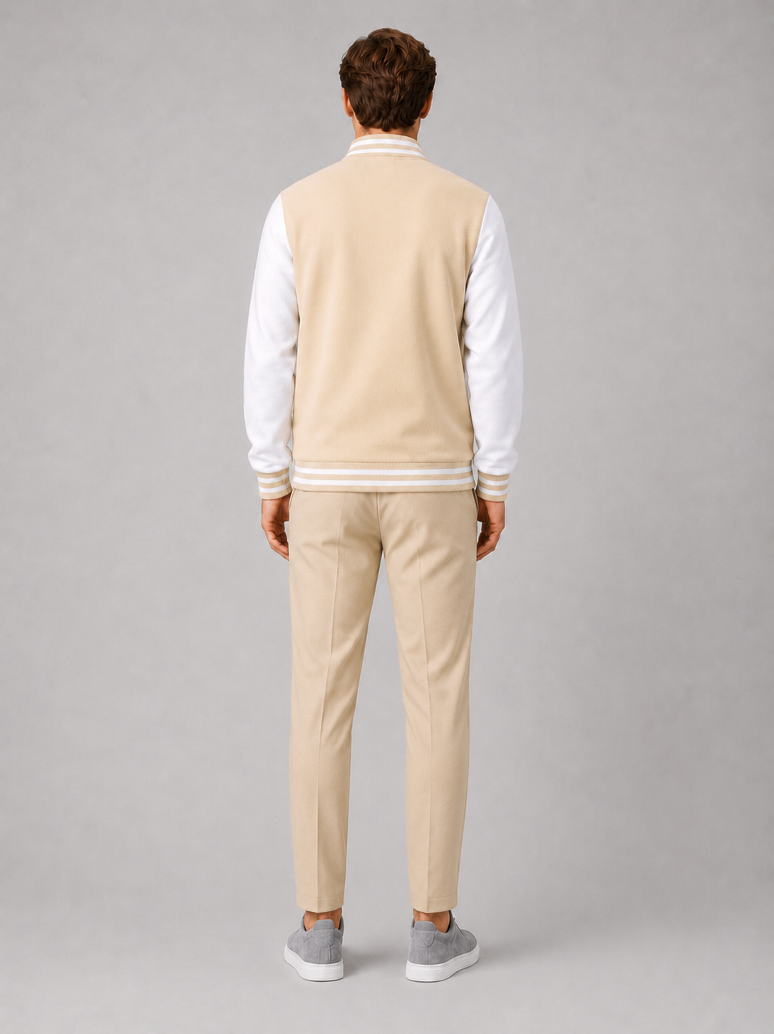 Men’s beige color block baseball jacket comfortable fall winter layer for classic casual outfits