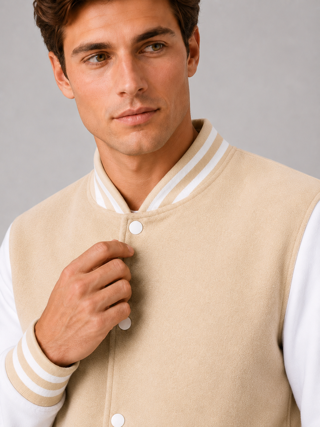 Close up of beige varsity jacket showing soft fleece lining, color block design, and snap button detail