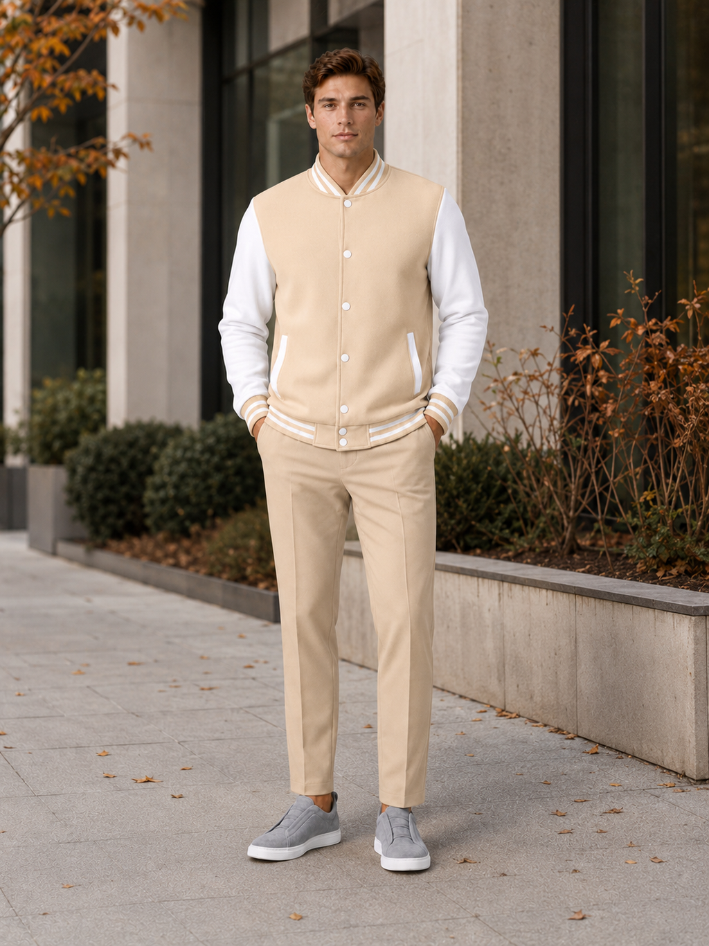 Man styling beige varsity jacket in a relaxed casual and everyday winter lifestyle outfit