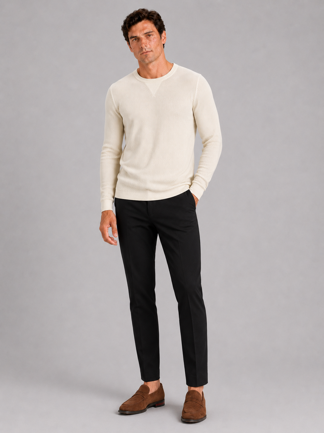 Beige waffle knit crewneck shirt for men comfortable long sleeve base layer for cooler weather