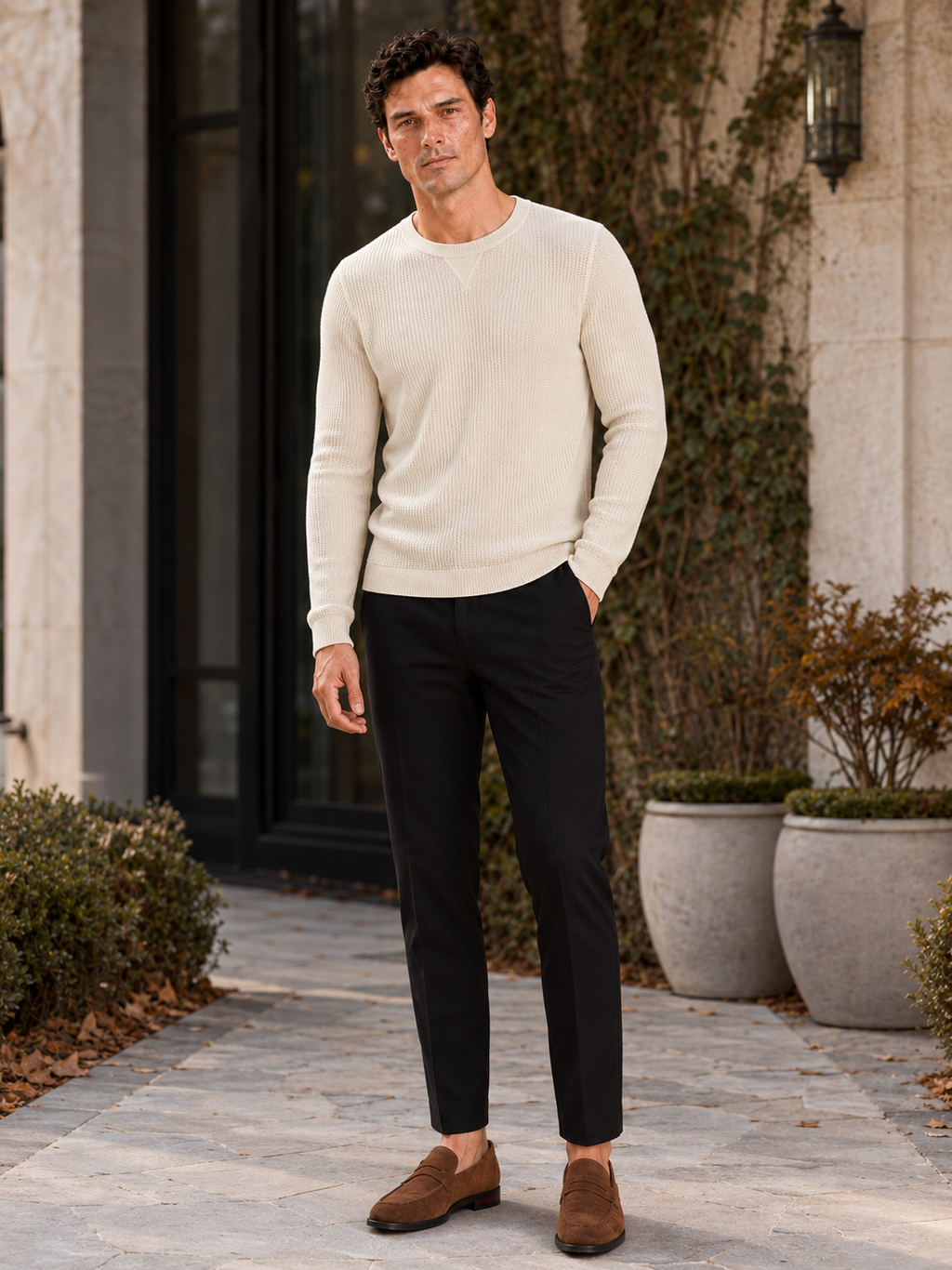 Man styling beige waffle knit shirt in a relaxed fall winter lifestyle outfit
