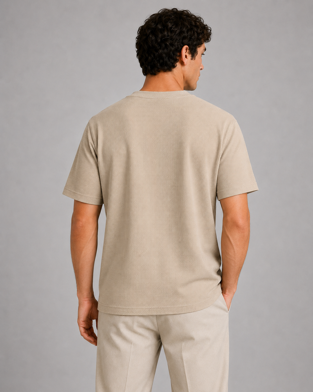 Beige waffle knit t shirt for men soft breathable textured fabric everyday outfit