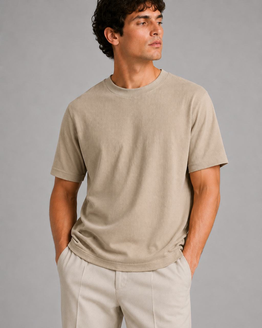 Men’s beige crew neck waffle tee lightweight comfortable relaxed fit summer wear
