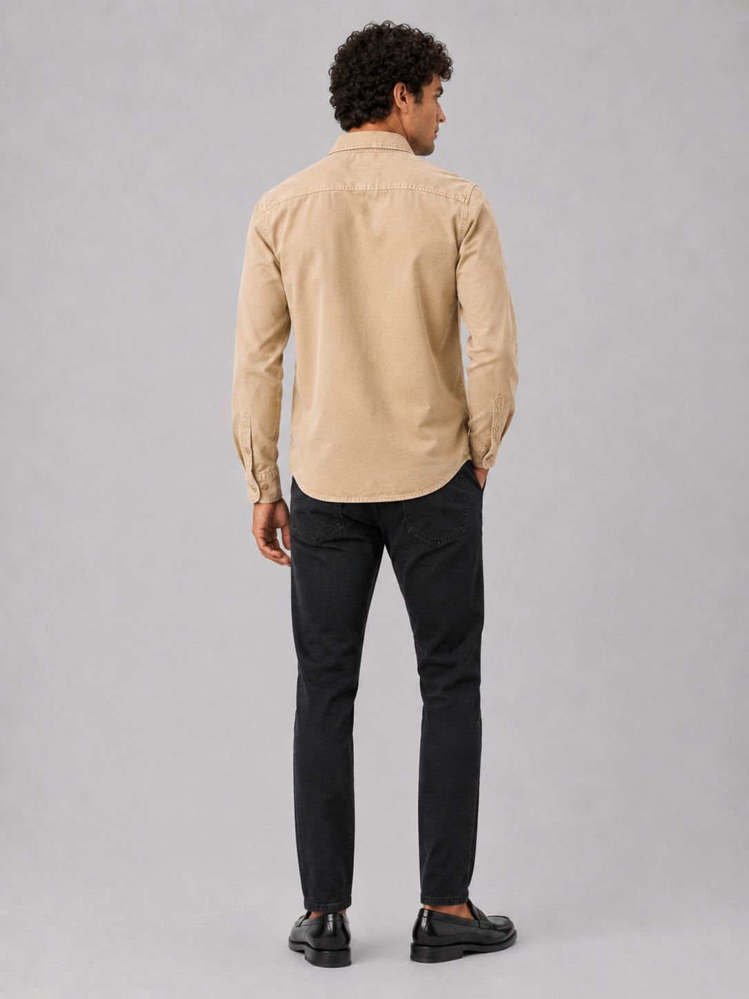 Beige long sleeve work shirt for men cotton button up with double chest pockets