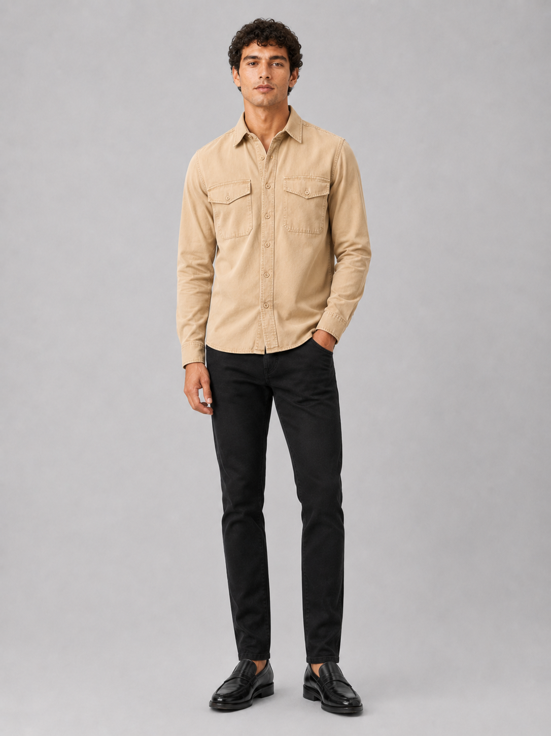 Men’s beige washed cotton button up shirt relaxed casual everyday workwear style