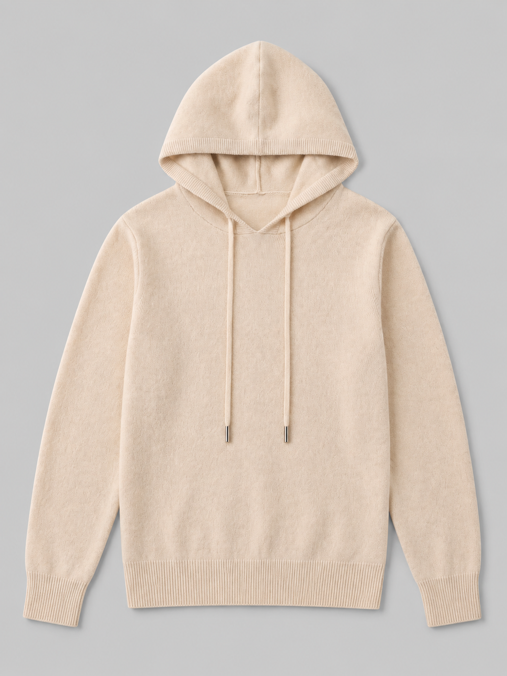 Beige men’s wool knit hoodie sweater displayed on a plain background