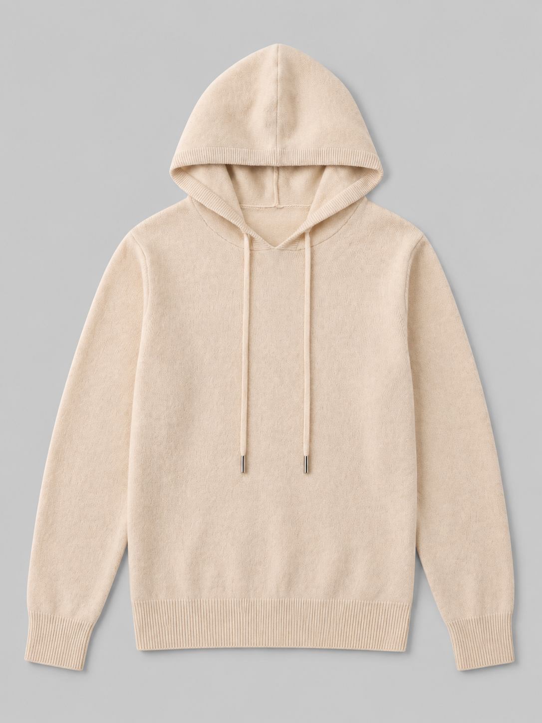 Beige men’s wool knit hoodie sweater displayed on a plain background