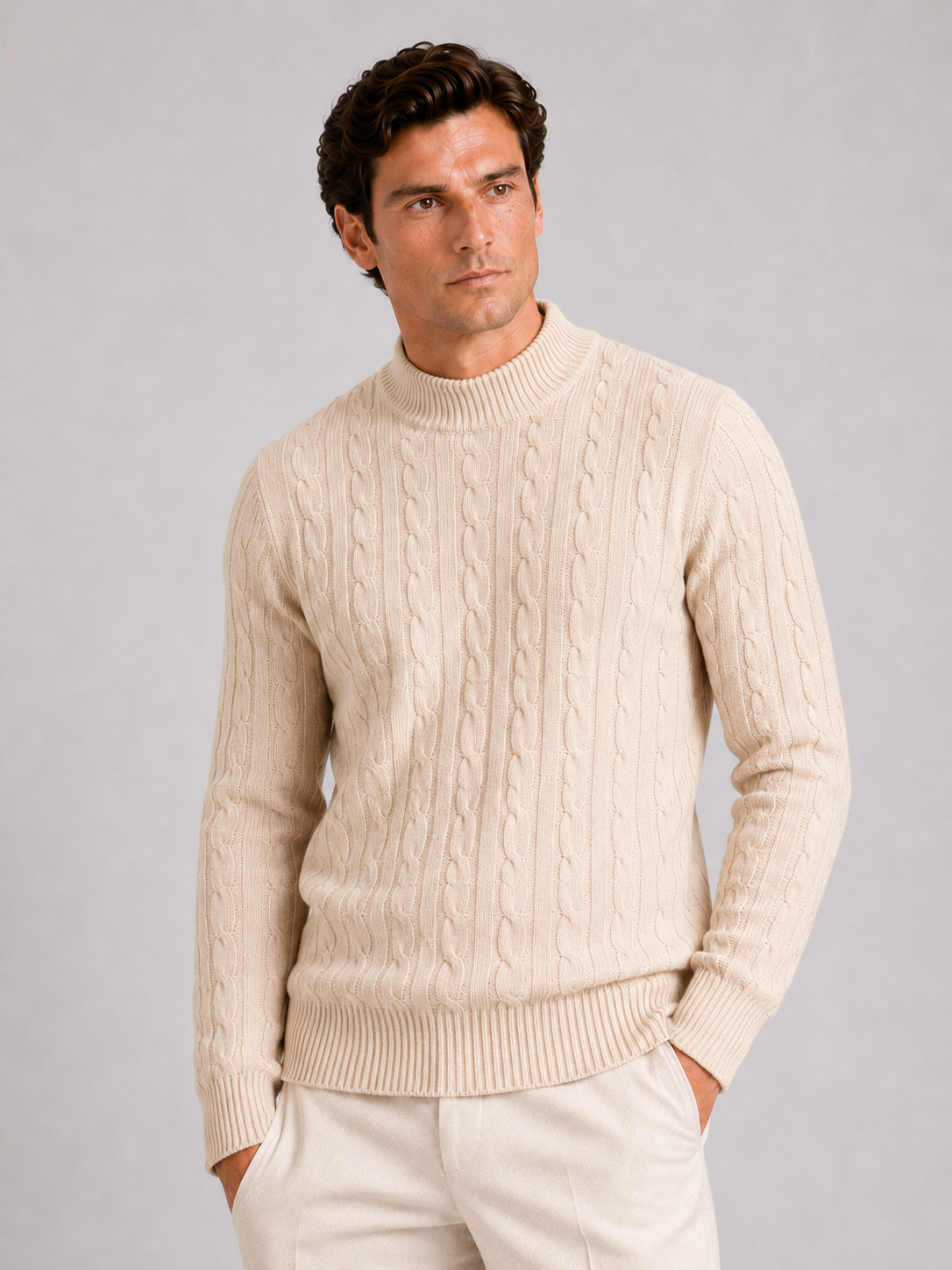 Men wearing beige 100 percent wool cable knit mock neck sweater warm fall winter style