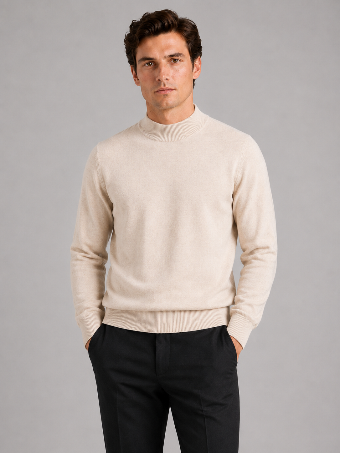 Men wearing beige 100 percent wool mock neck sweater warm solid color fall winter business casual style