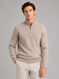 Men wearing beige 100 percent wool half zip mock neck sweater thick thermal fall winter style