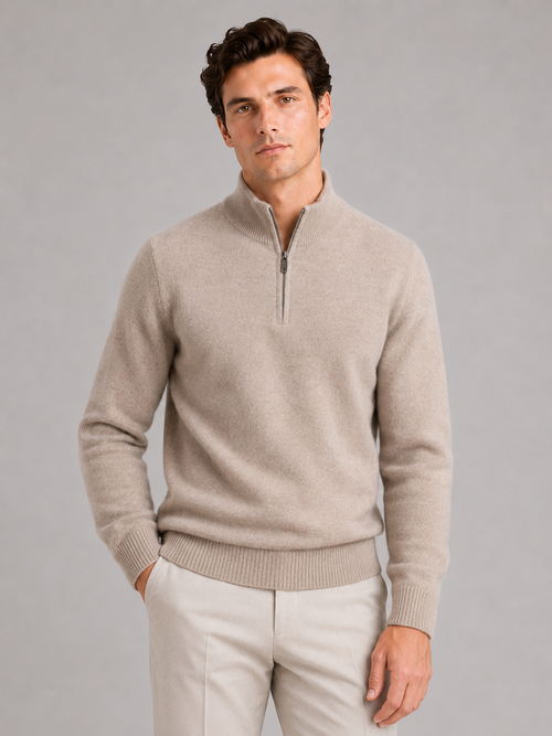Men wearing beige 100 percent wool half zip mock neck sweater thick thermal fall winter style