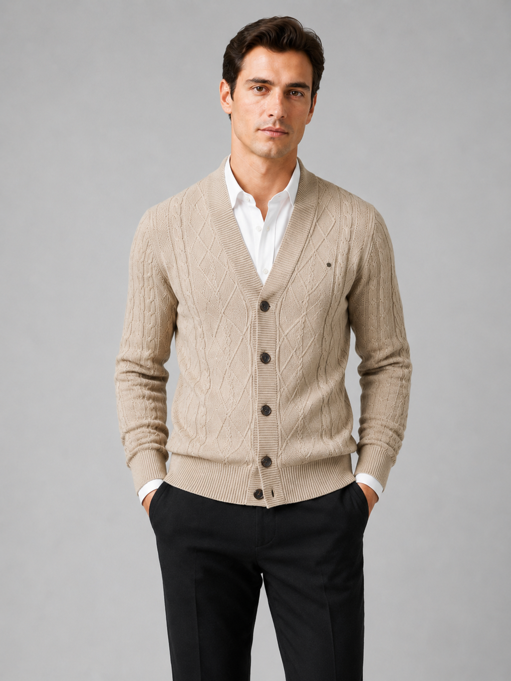 Men wearing beige argyle cardigan sweater cotton cable knit business casual fall winter style