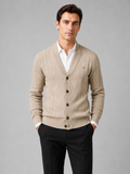 Men wearing beige argyle cardigan sweater cotton cable knit business casual fall winter style