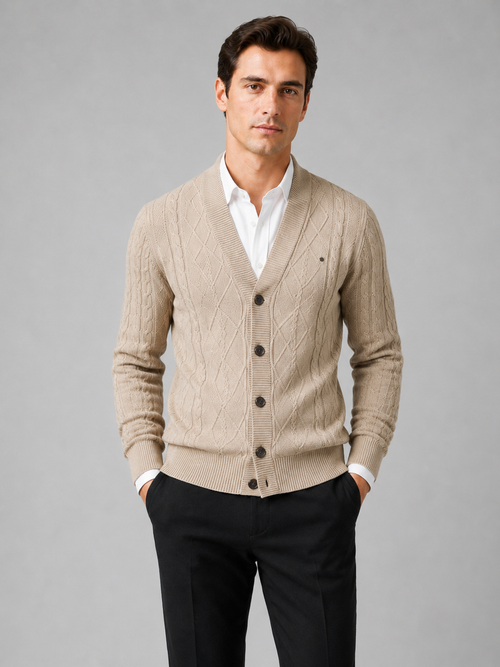 Men wearing beige argyle cardigan sweater cotton cable knit business casual fall winter style