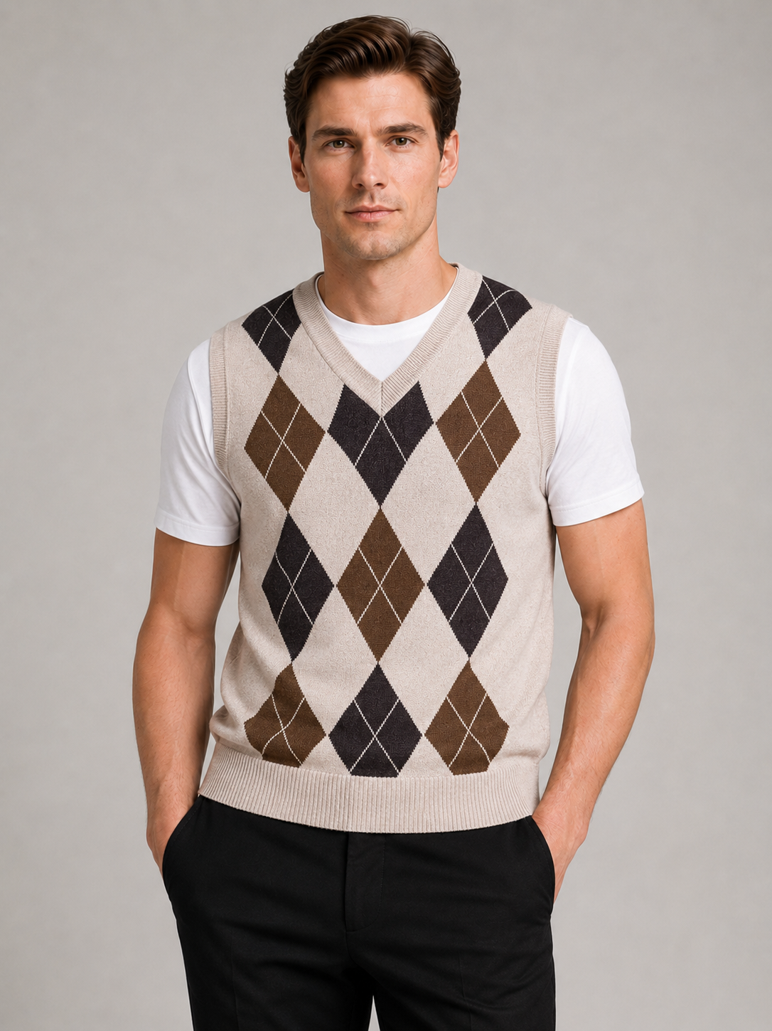 Men wearing beige argyle sweater vest v neck slim fit knit fall winter business casual style