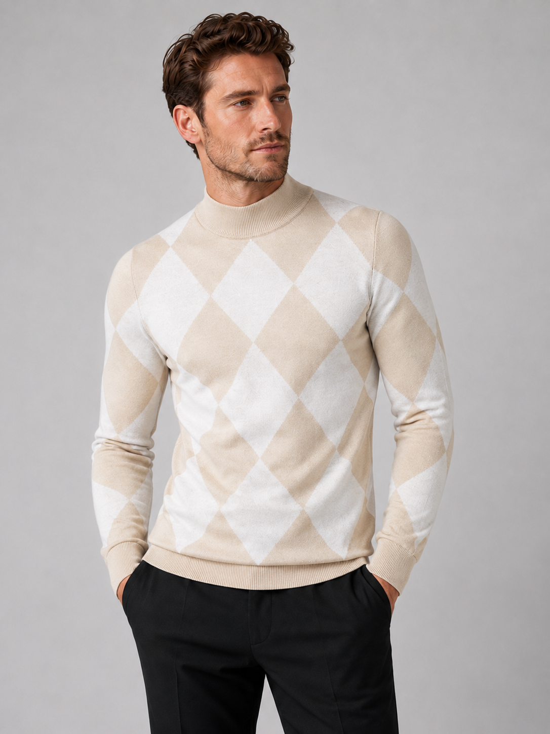 Front view of a man wearing a beige argyle turtleneck sweater with a slim fit, stretch knit fabric, and long sleeves