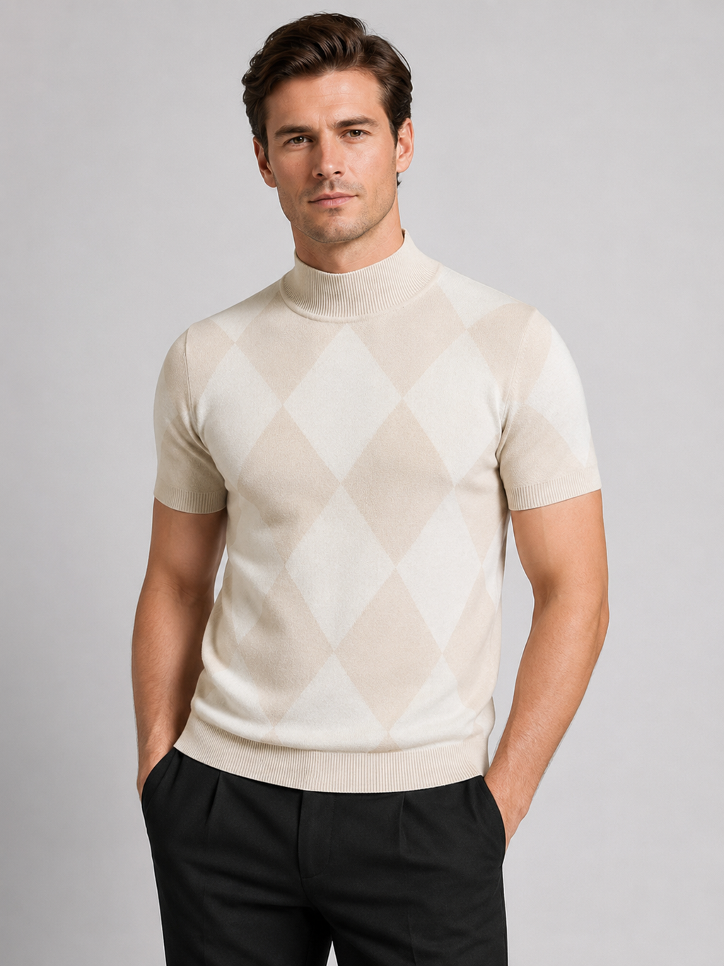Front view of a man wearing a beige argyle turtleneck T-shirt with a slim fit, diamond lattice pattern, short sleeves, and soft knit construction