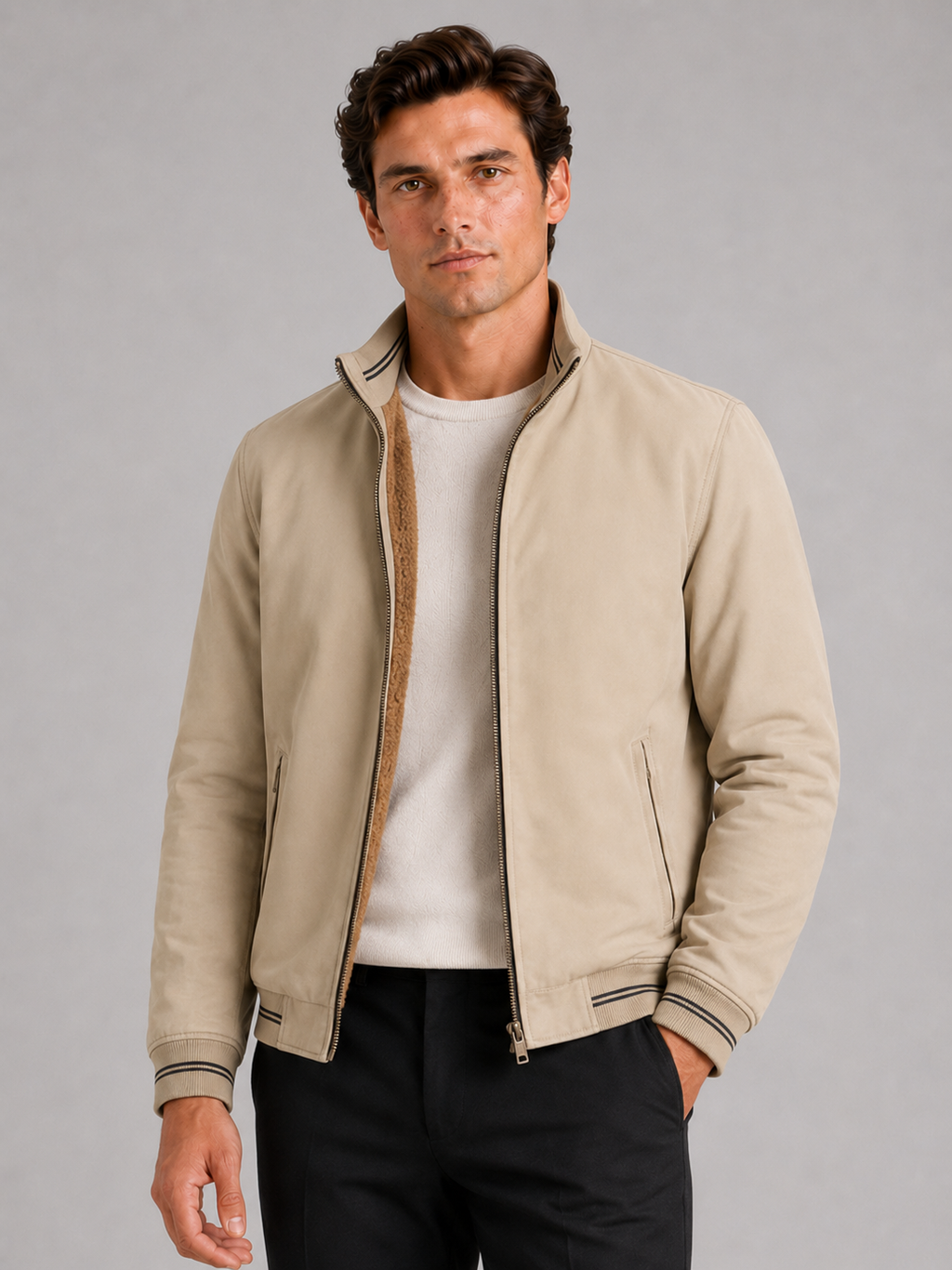 Men wearing beige aviator fall jacket fleece lined thick warm zip up casual style