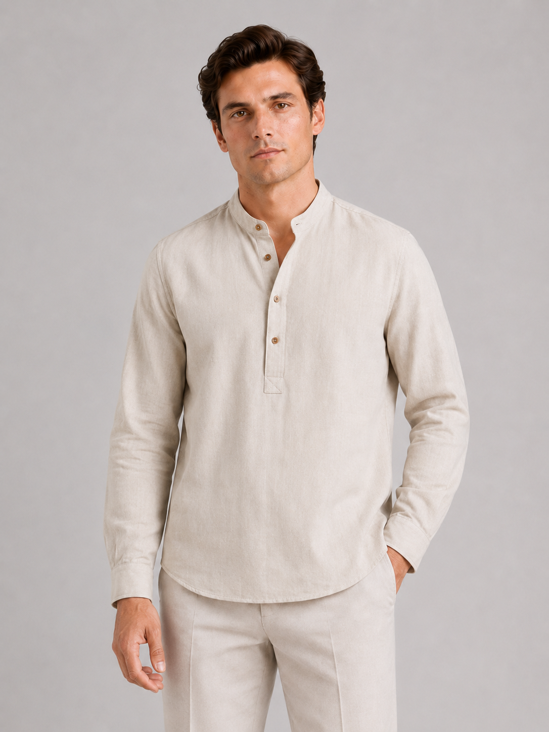 Men wearing beige band collar shirt long sleeve breathable loose fit summer casual style