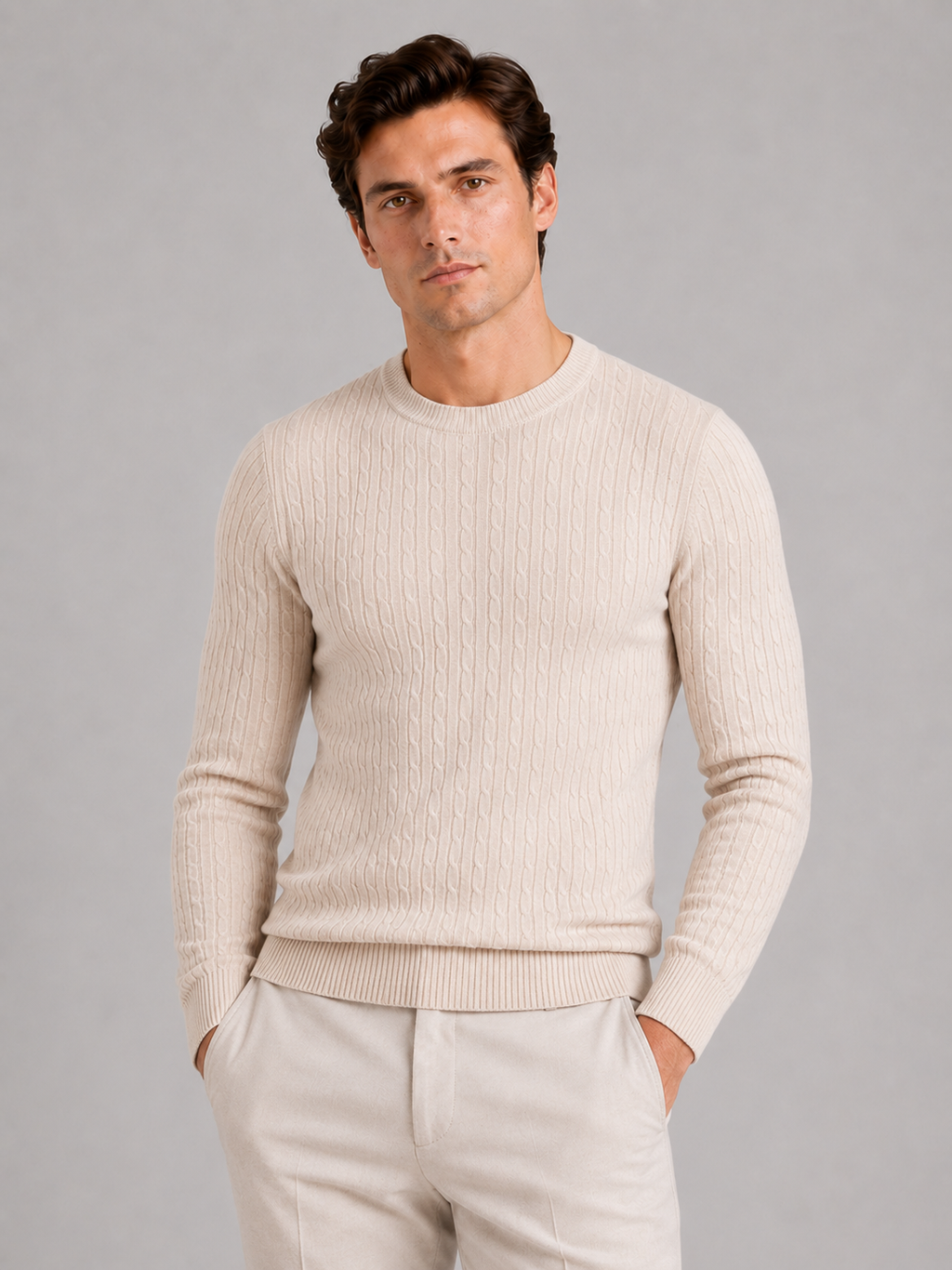 Men wearing beige cable knit crew neck sweater long sleeve lightweight spring business casual style