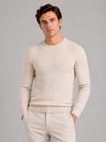 Men wearing beige cable knit crew neck sweater long sleeve lightweight spring business casual style