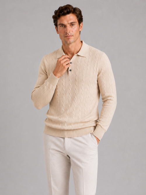 Men wearing beige cable knit long sleeve polo winter layer for business casual style