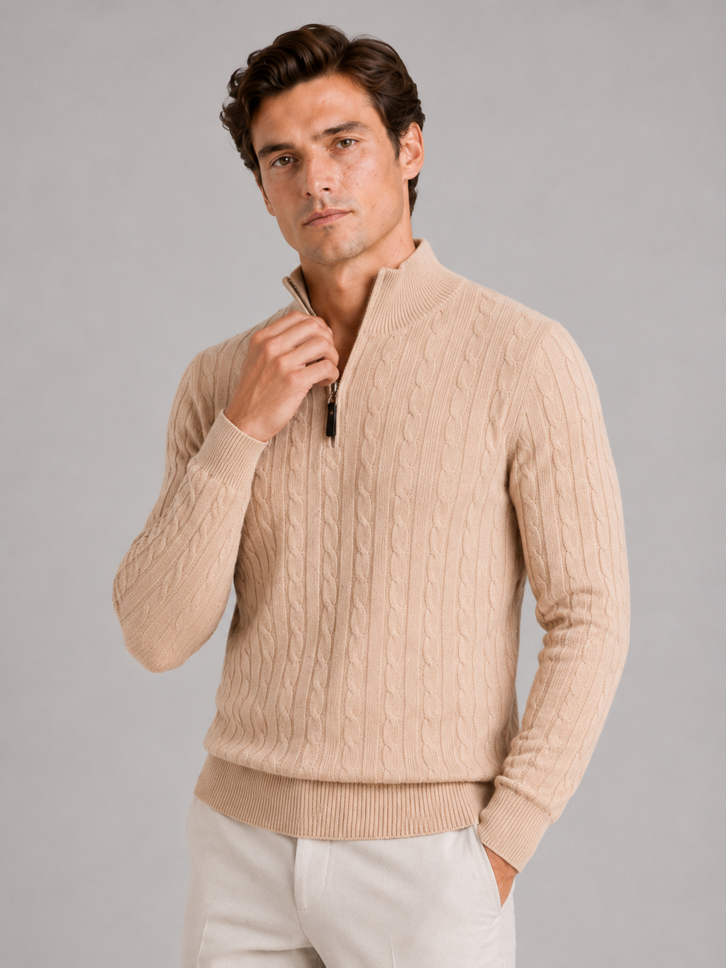 Men wearing beige cable knit pullover sweater mock neck quarter zip warm fall winter style