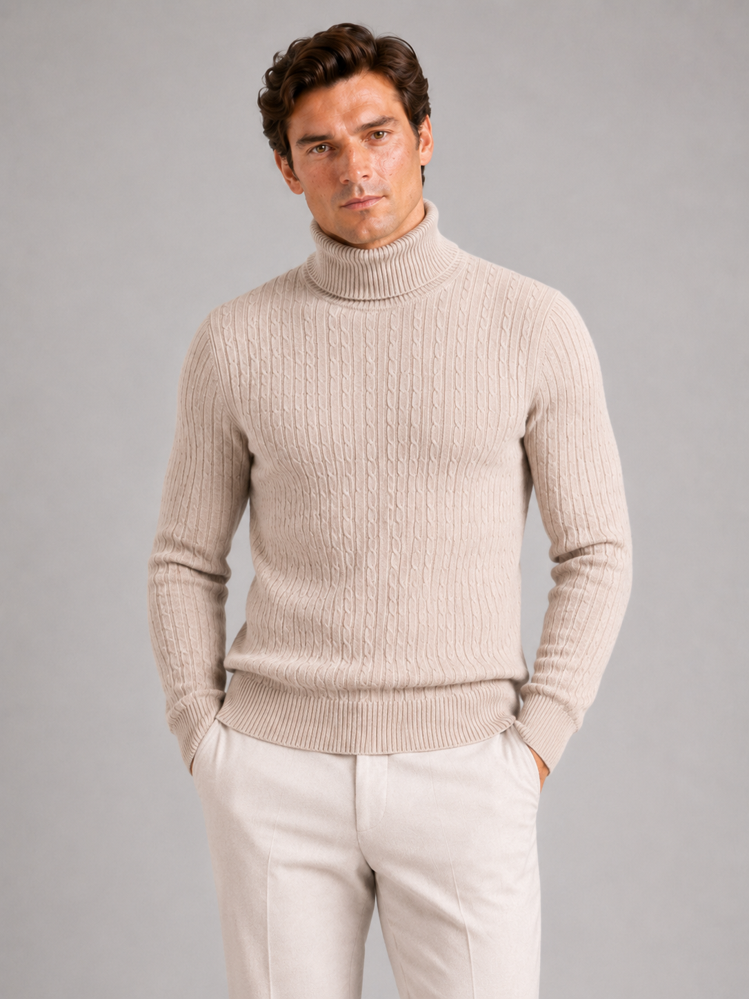 Men wearing beige cable knit turtleneck sweater slim fit heavyweight winter casual style