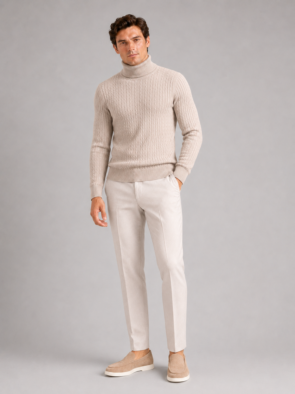 Beige cable knit turtleneck sweater for men slim fit heavyweight pullover for winter wear