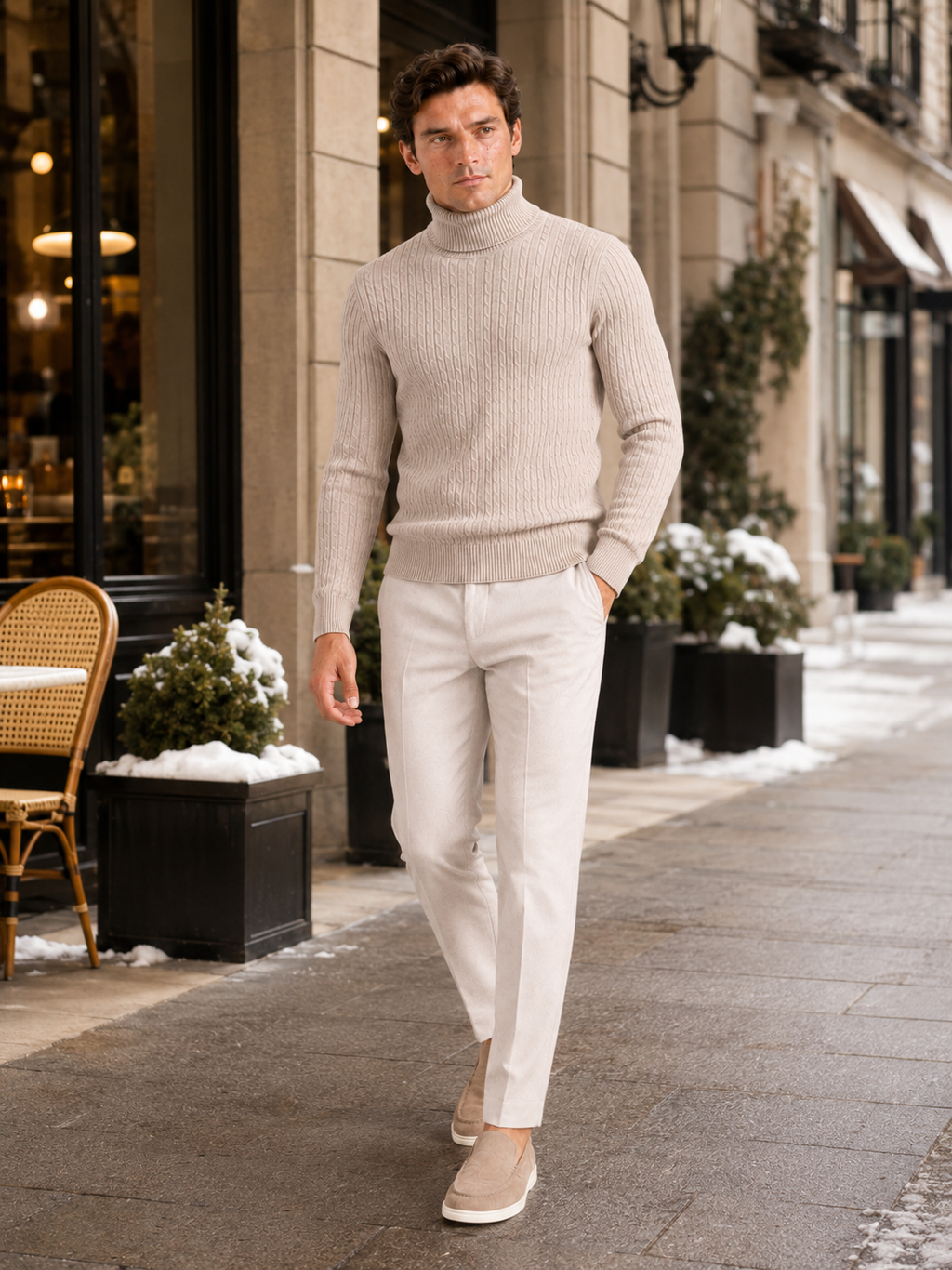 Man styling beige cable knit turtleneck sweater in a refined winter lifestyle outfit