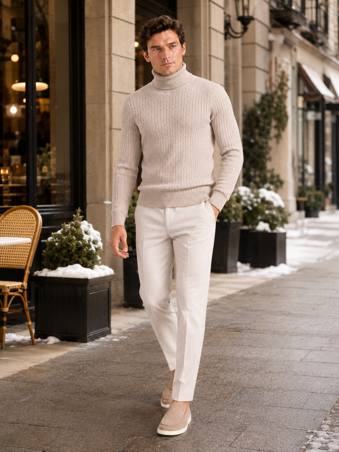 Man styling beige cable knit turtleneck sweater in a refined winter lifestyle outfit