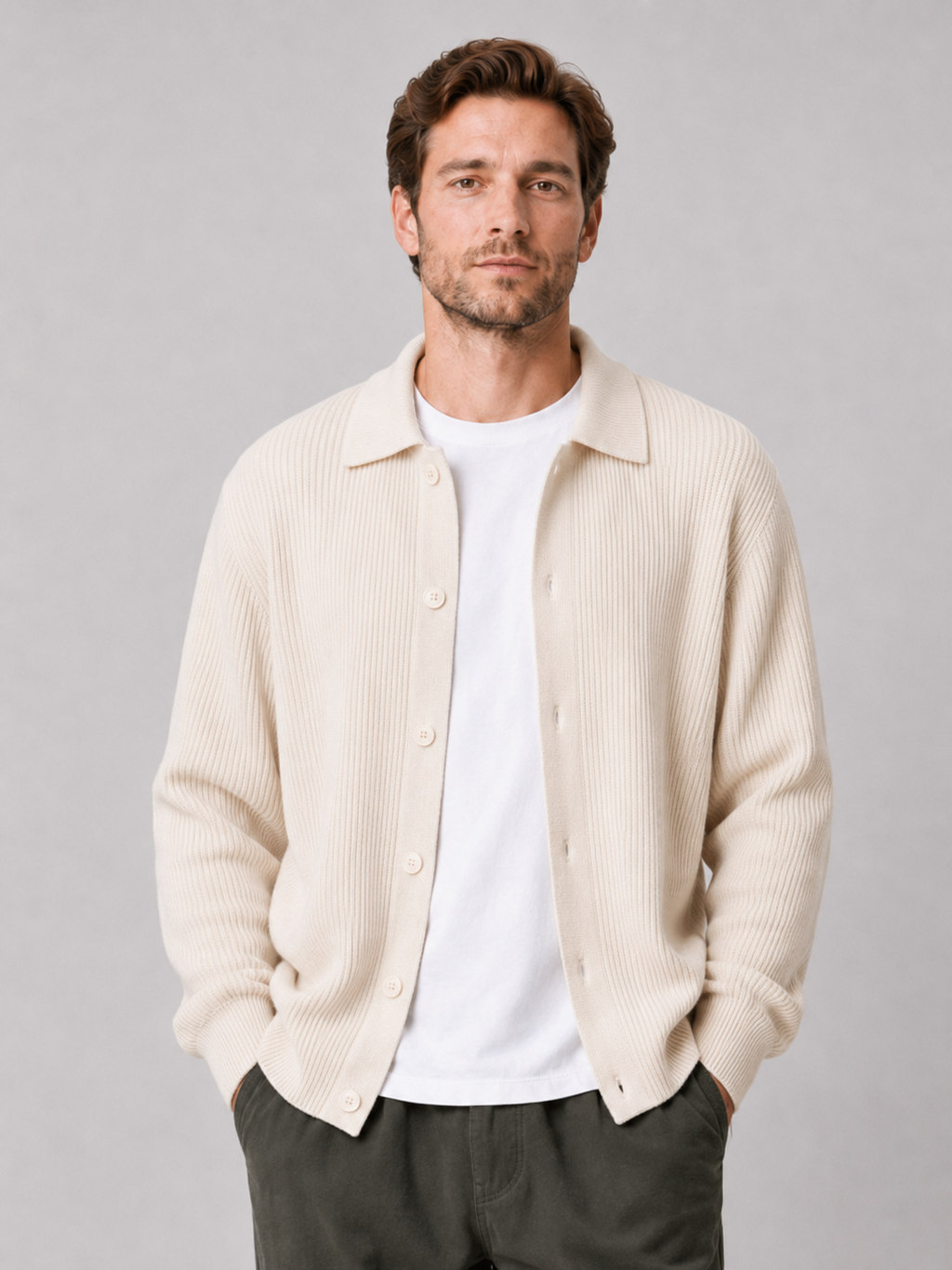 Men wearing beige knit cardigan sweater open front lapel loose fit spring fall casual style