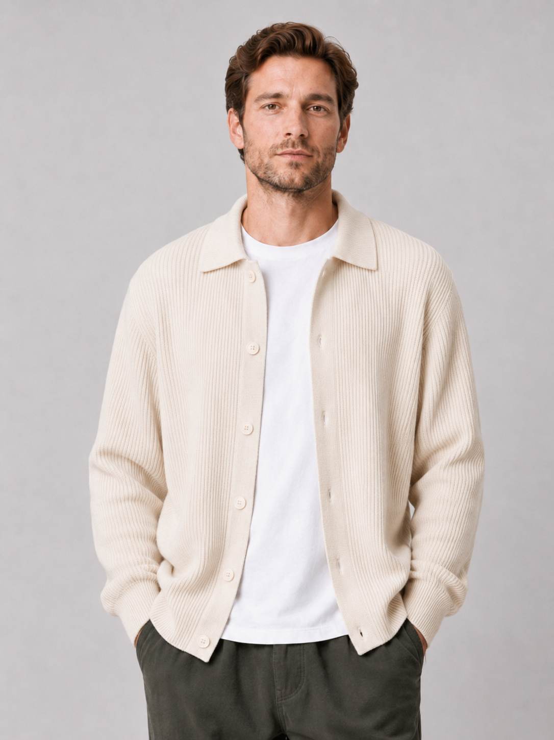 Men wearing beige knit cardigan sweater open front lapel loose fit spring fall casual style