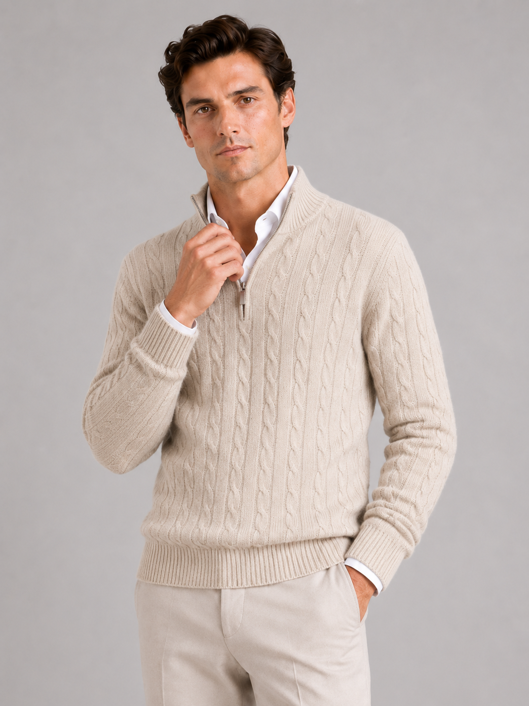 Men wearing beige cashmere cable knit sweater quarter zip mock neck warm fall winter style