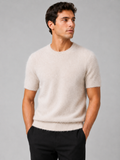 Men wearing beige cashmere knit t shirt short sleeve crew neck lightweight business casual style