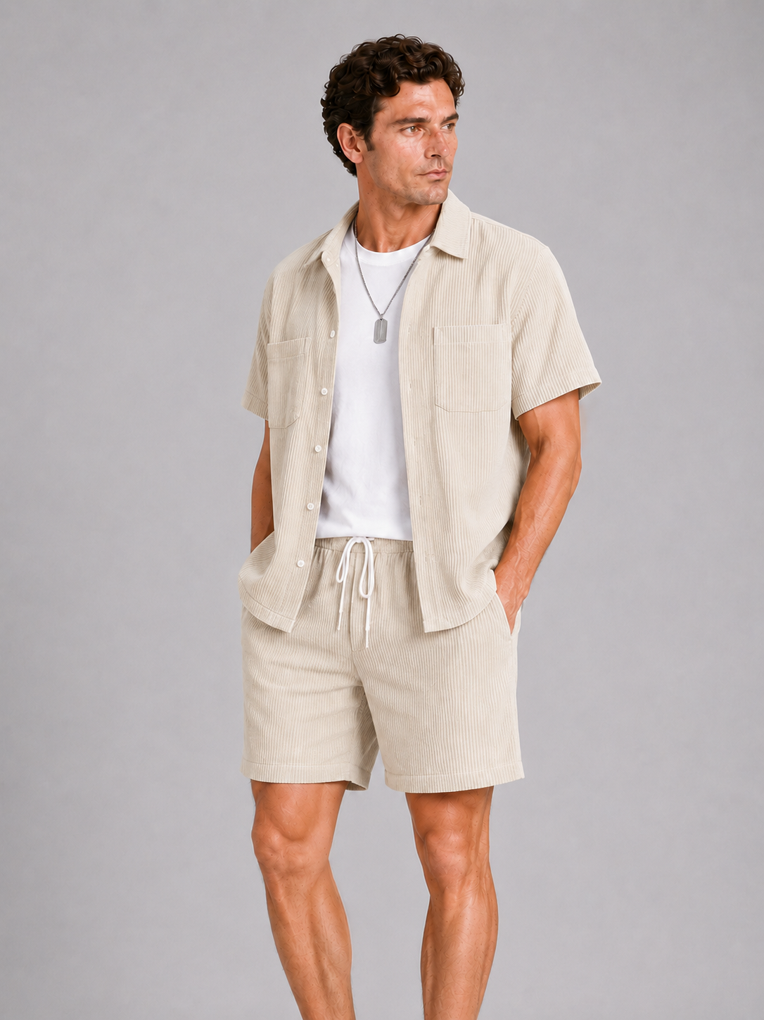 Men wearing beige corduroy button up shirt and shorts set summer vacation outfit beach style